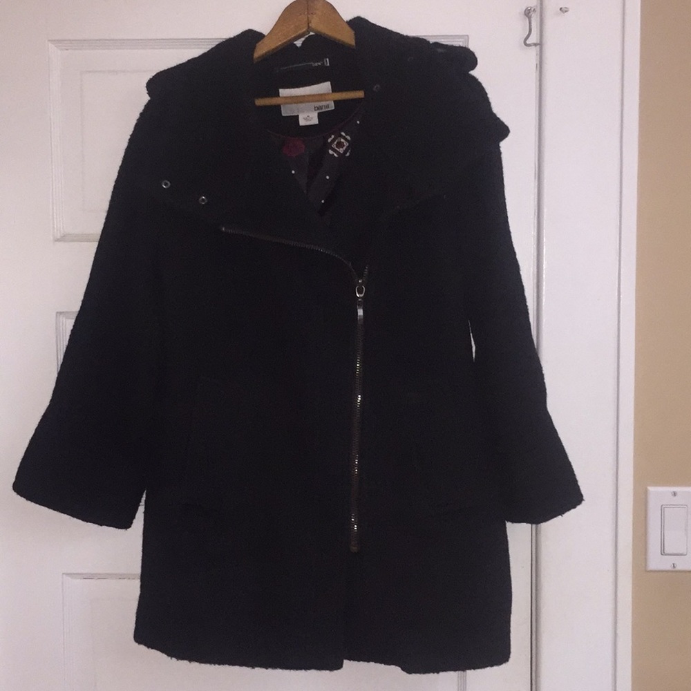 Wool Blend Asymmetrical Zip Pea Coat 3/4 sleeves
